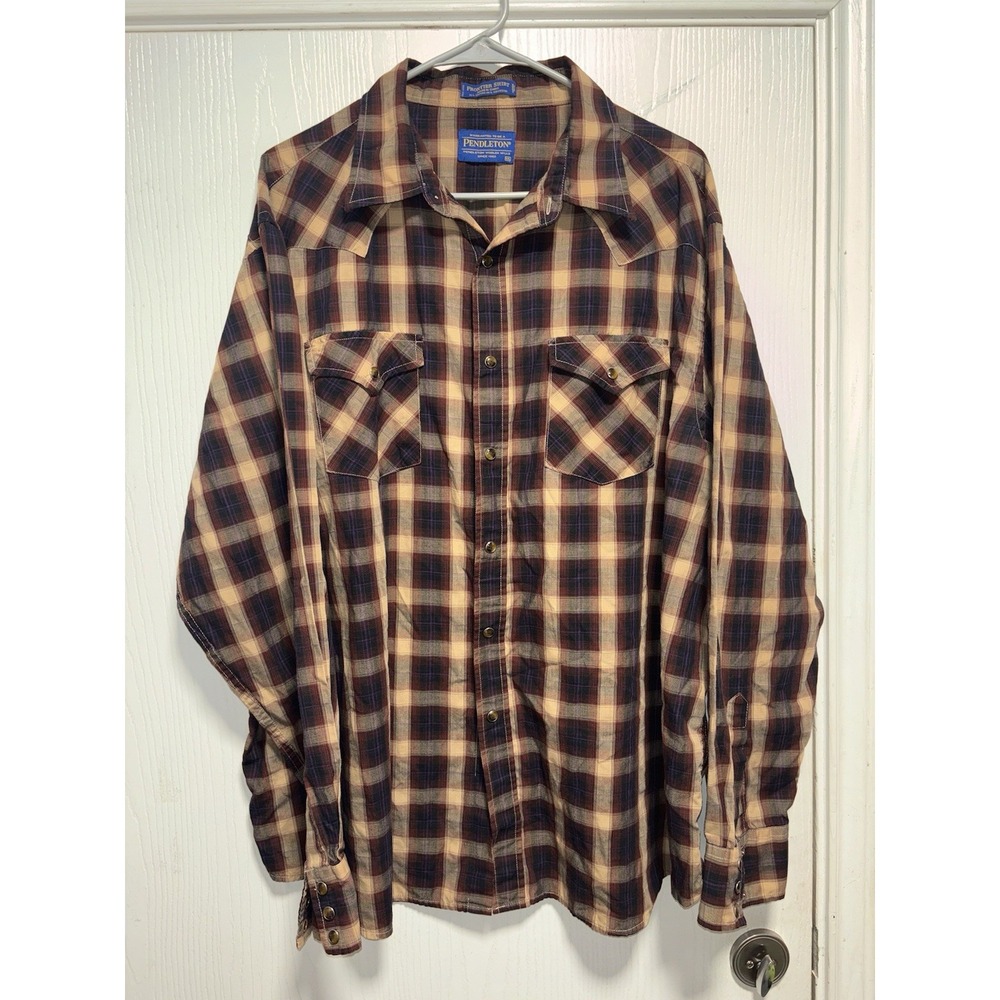 Pendleton Frontier Shirt Mens XXL Pearl Snap Plaid Front Pockets Brown